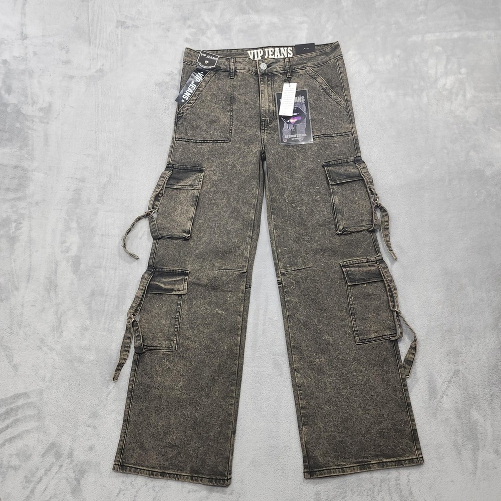 VIP Jeans Womens 13/31 JUNIORS Gray Acid Wash High Rise Cargo Wide Leg Punk Goth